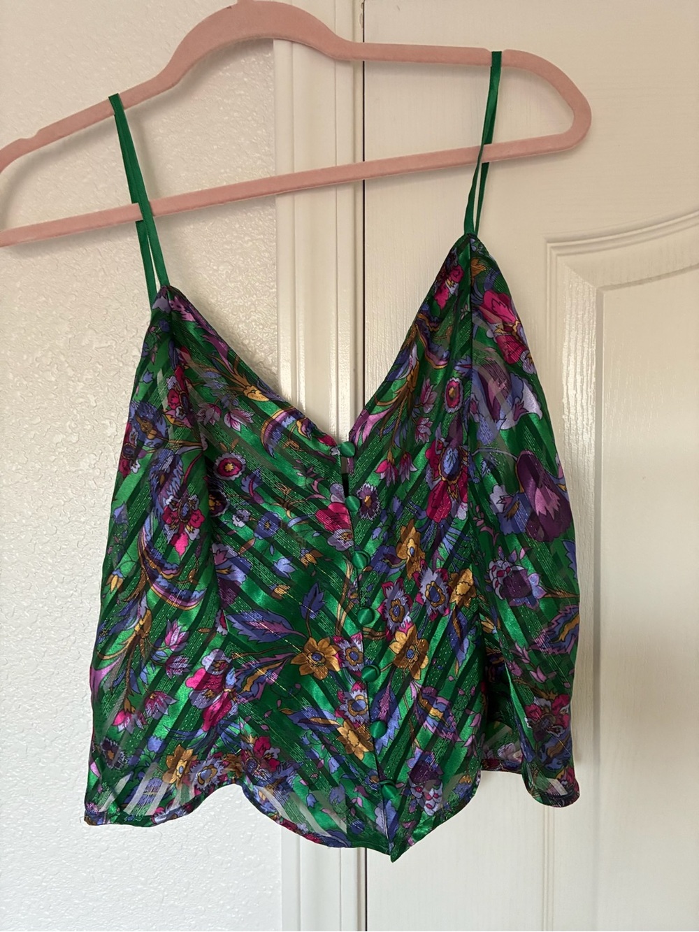 Victoria's Secret Green Floral Silk-Feel Cami with Purple & Gold Accents Vintage